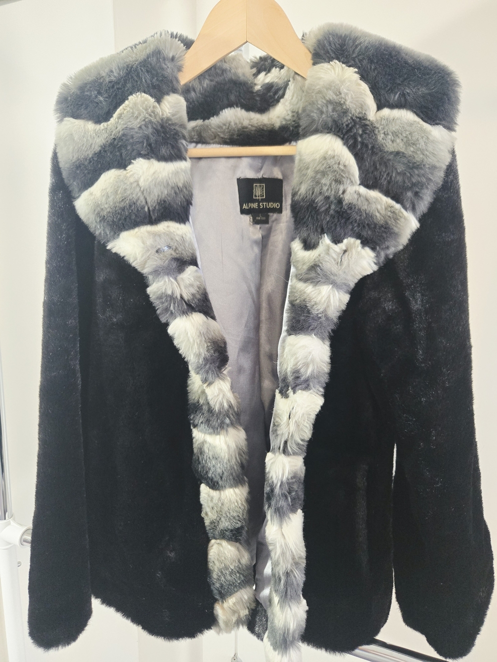 Women's Black Faux Fur Coat with Grey Trim Large